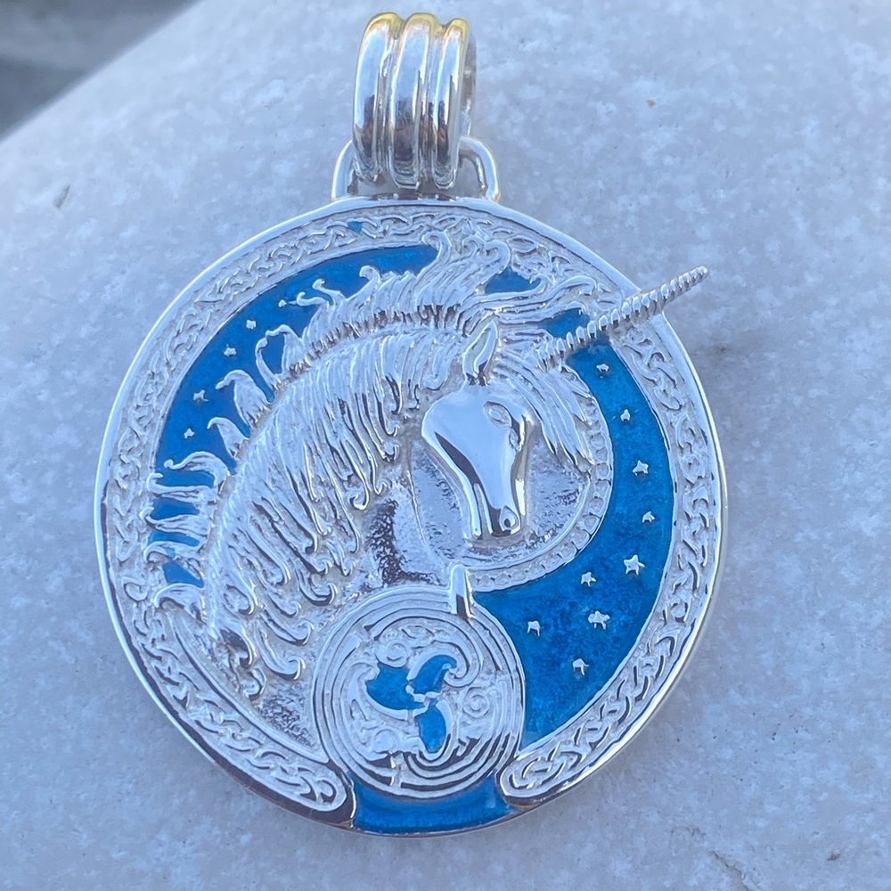 Medieval Celtic Unicorn Necklace .925 Sterling Silver w/ blue enamel Peter Stone